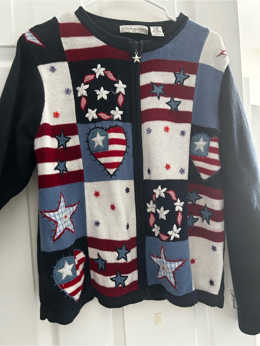 Victoria Jones Americana Patchwork Zip Cardigan - Red White Blue